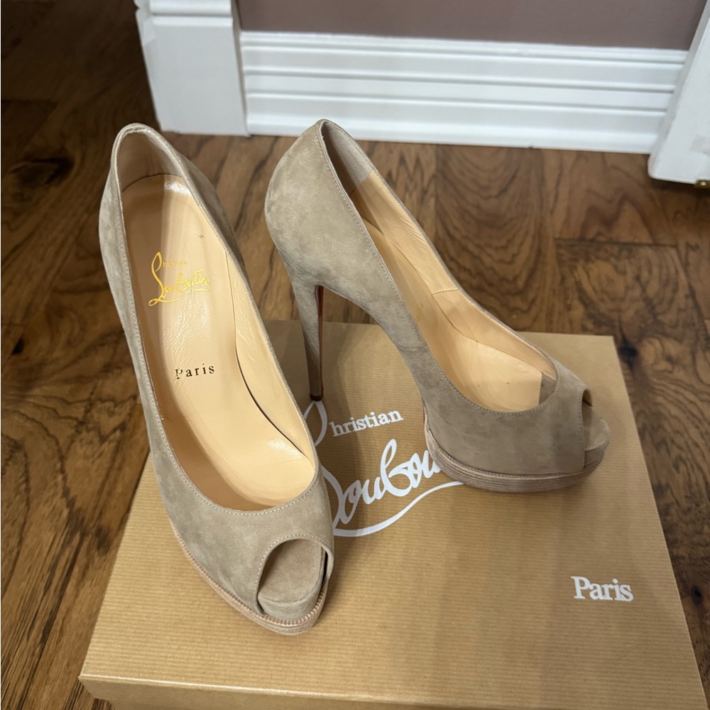 Christian Louboutin Women's Taupe Peep Toe Suede Heels